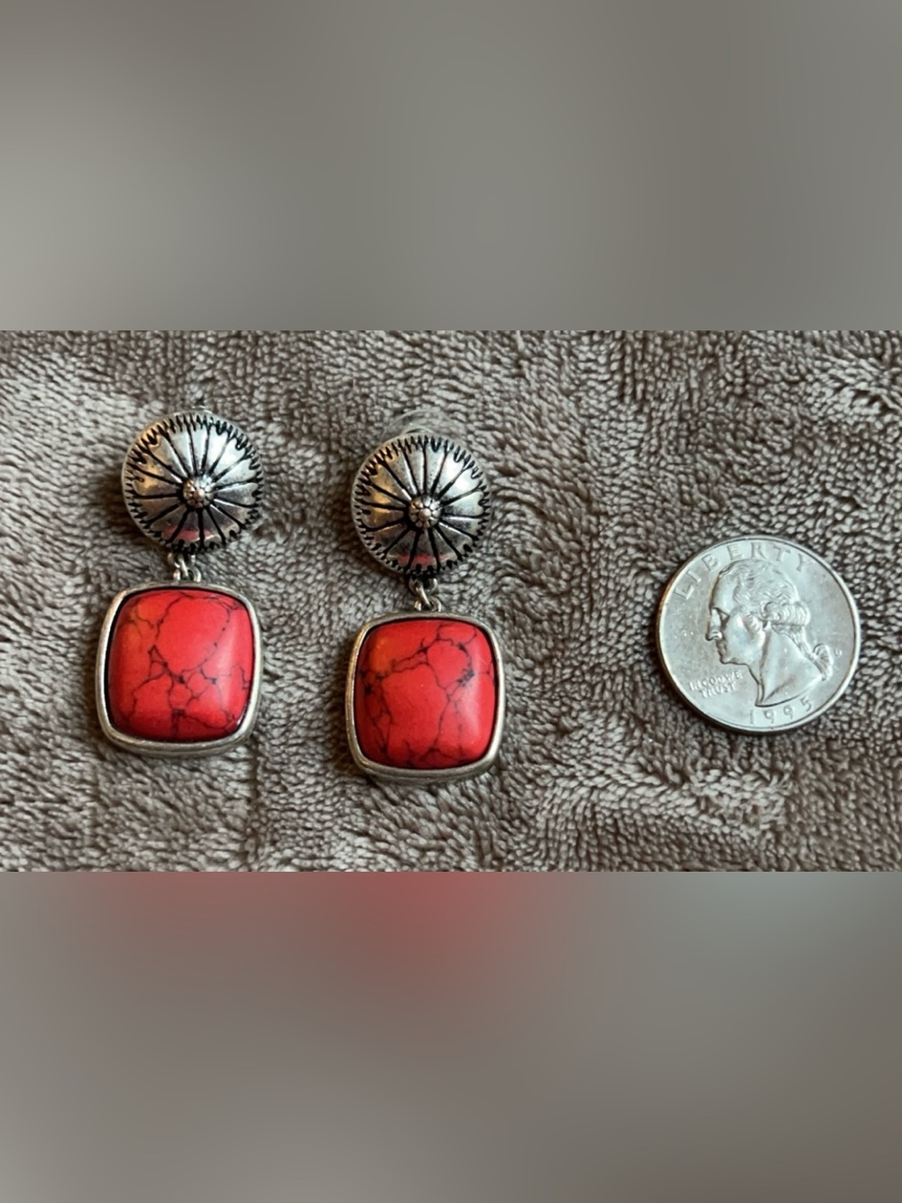 Sterling-Style Red Stone Drop Earrings with Floral Medallion